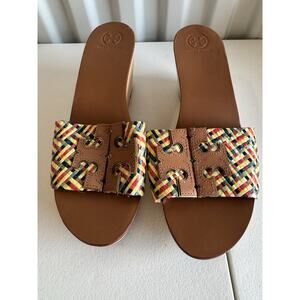 Tory Burch wedge Wood Sandals tan and multi color weave 10